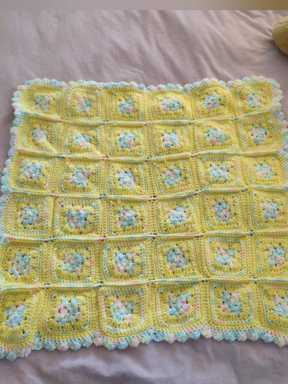 Handmade Yellow Crochet Throw Blanket with Pastel Accents